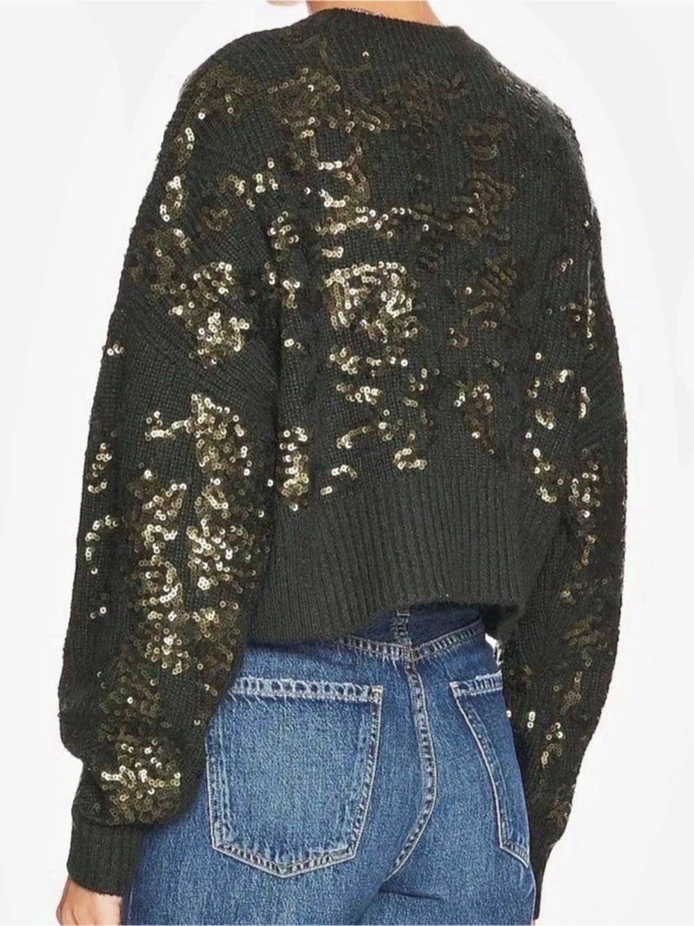 rag & bone Liza Sequin Detail Wool Oversized Cropped Sweater Green & Gold NWT - Picture 3 of 10